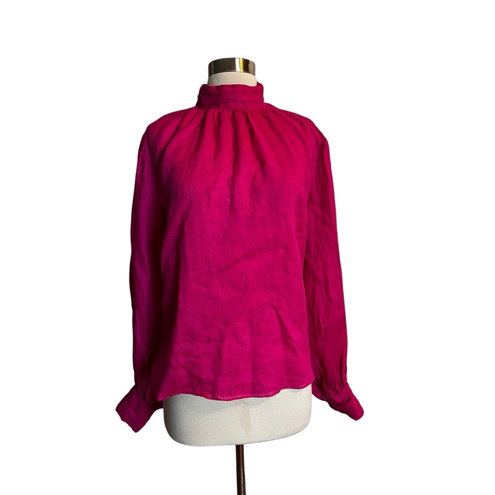 A Loves A Top M Pink Long Sleeve Mock Neck 100% Ramie Back Buttons